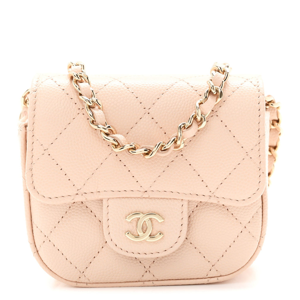 Caviar Quilted Mini Clutch With Chain Light Beige