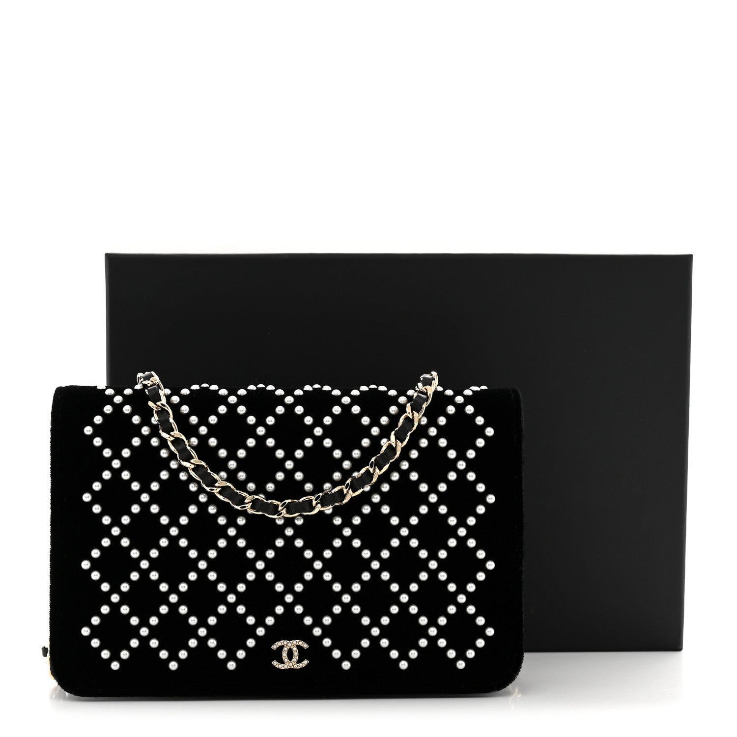Velvet Pearl Diamond Embellished Wallet On Chain WOC Black