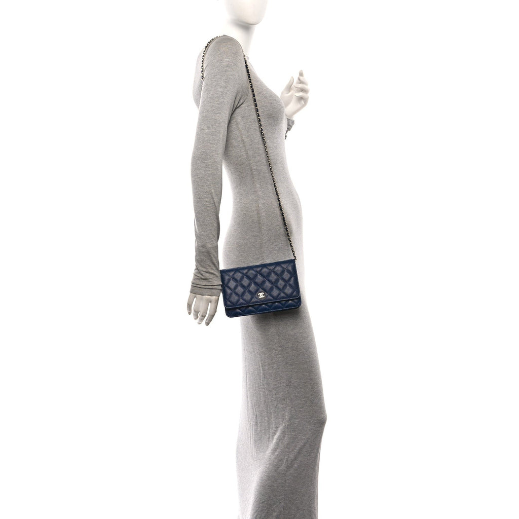 Caviar Quilted Wallet on Chain WOC Navy Blue
