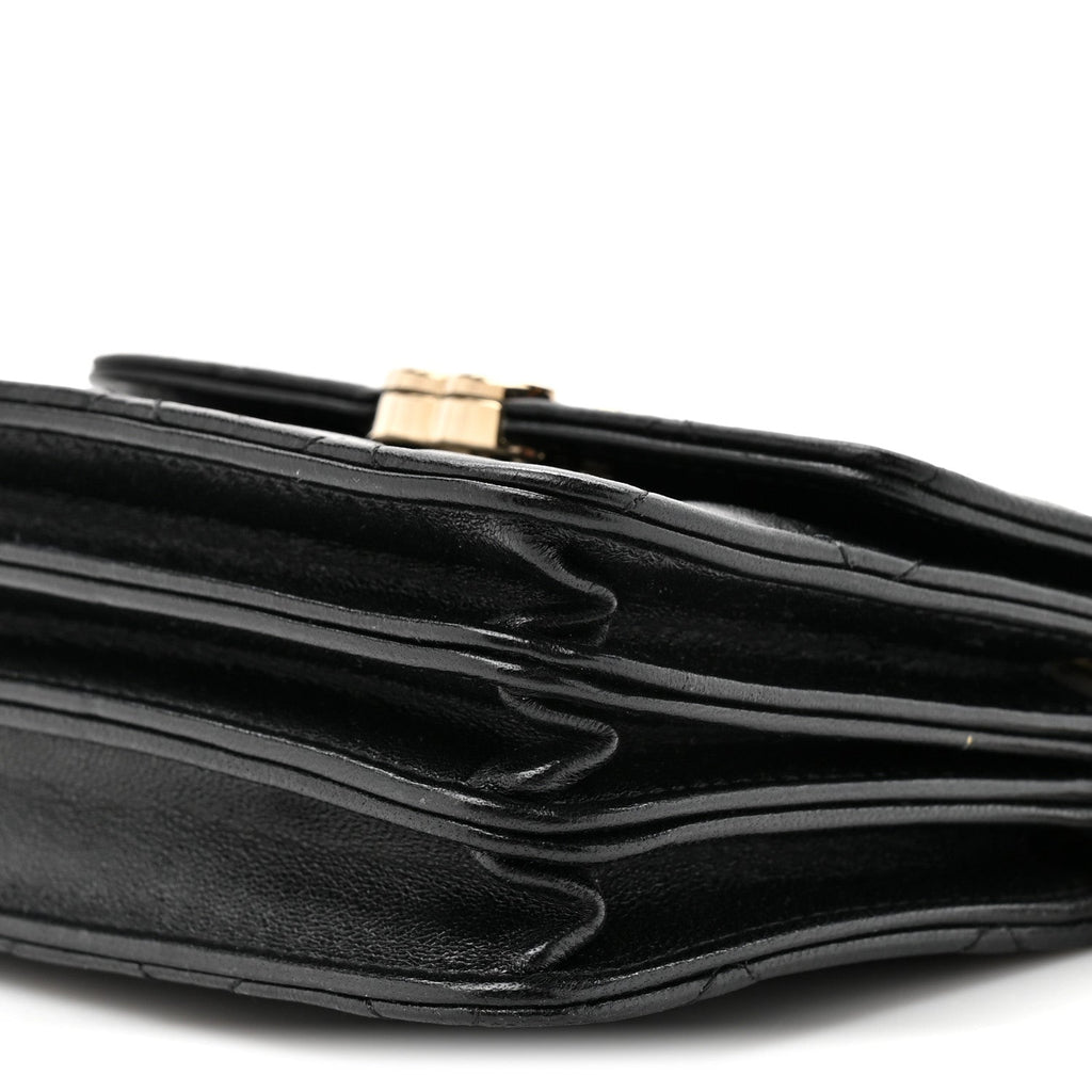 Lambskin Metal Quilted Top Handle Flap Clutch With Chain Black