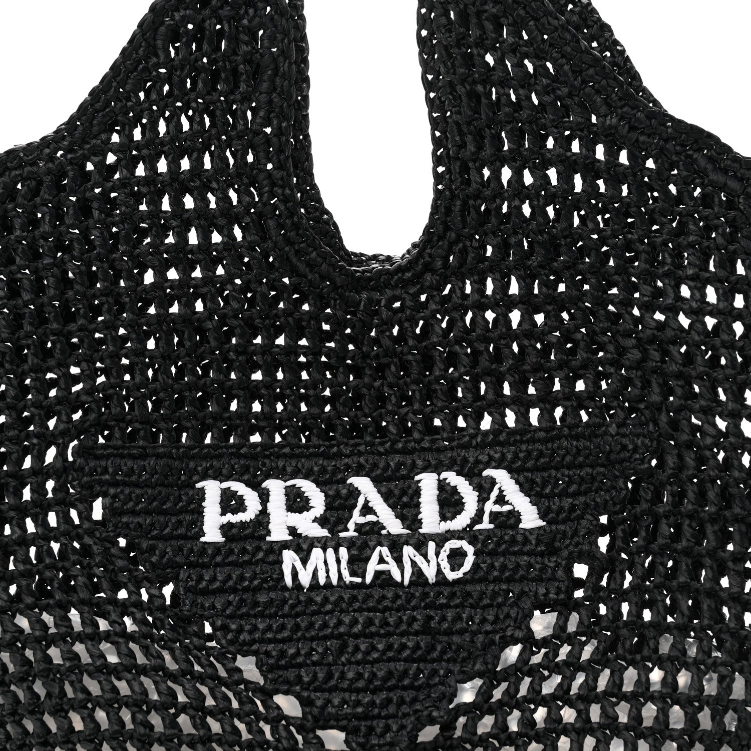 Yarn Raffia Effect Crochet Logo Embroidered Shopping Tote Bag Black