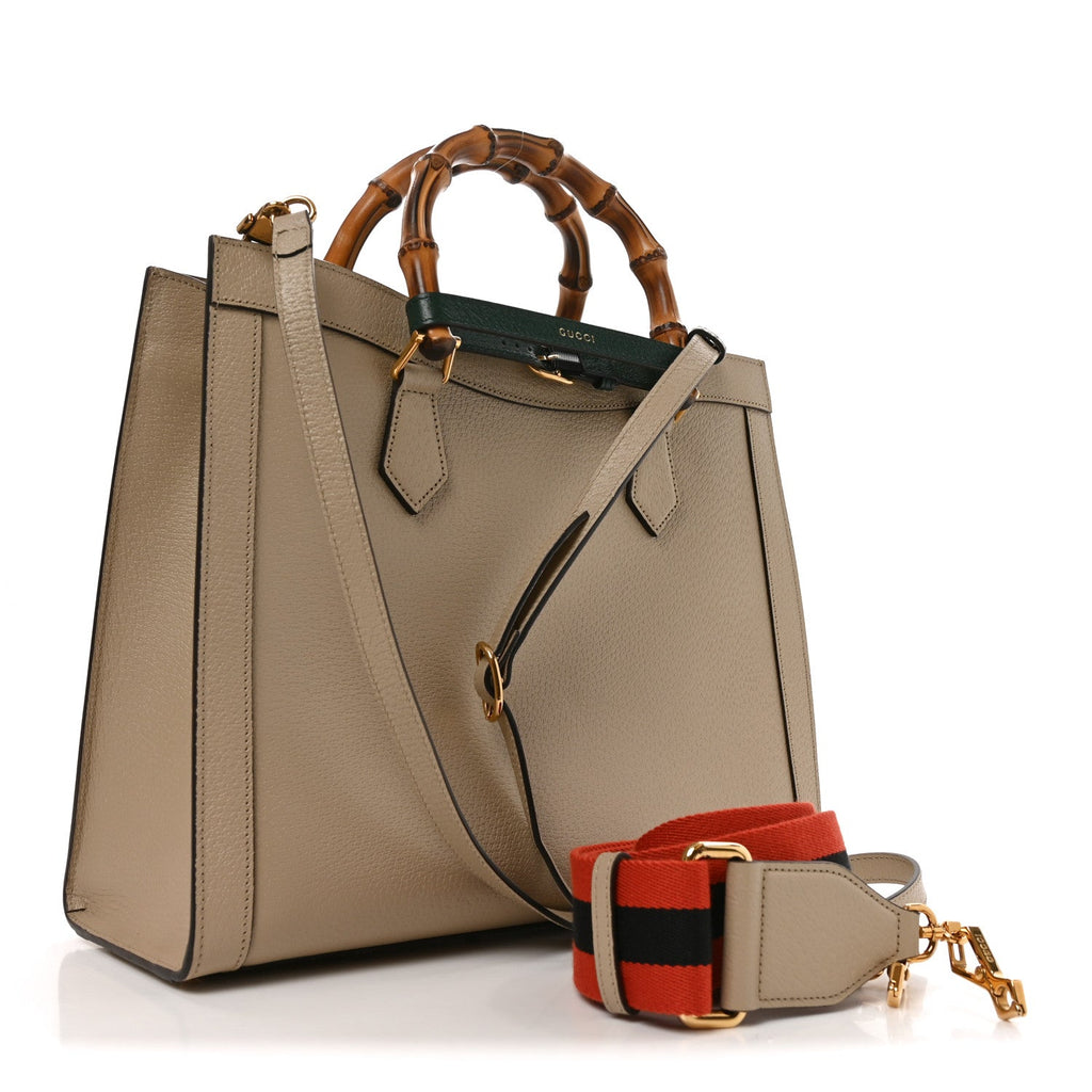Textured Dollar Calfskin Web Medium Diana Tote Bag Oatmeal Vintage Green