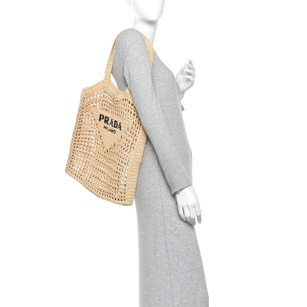 Yarn Raffia Effect Crochet Logo Embroidered Tote Bag Naturale