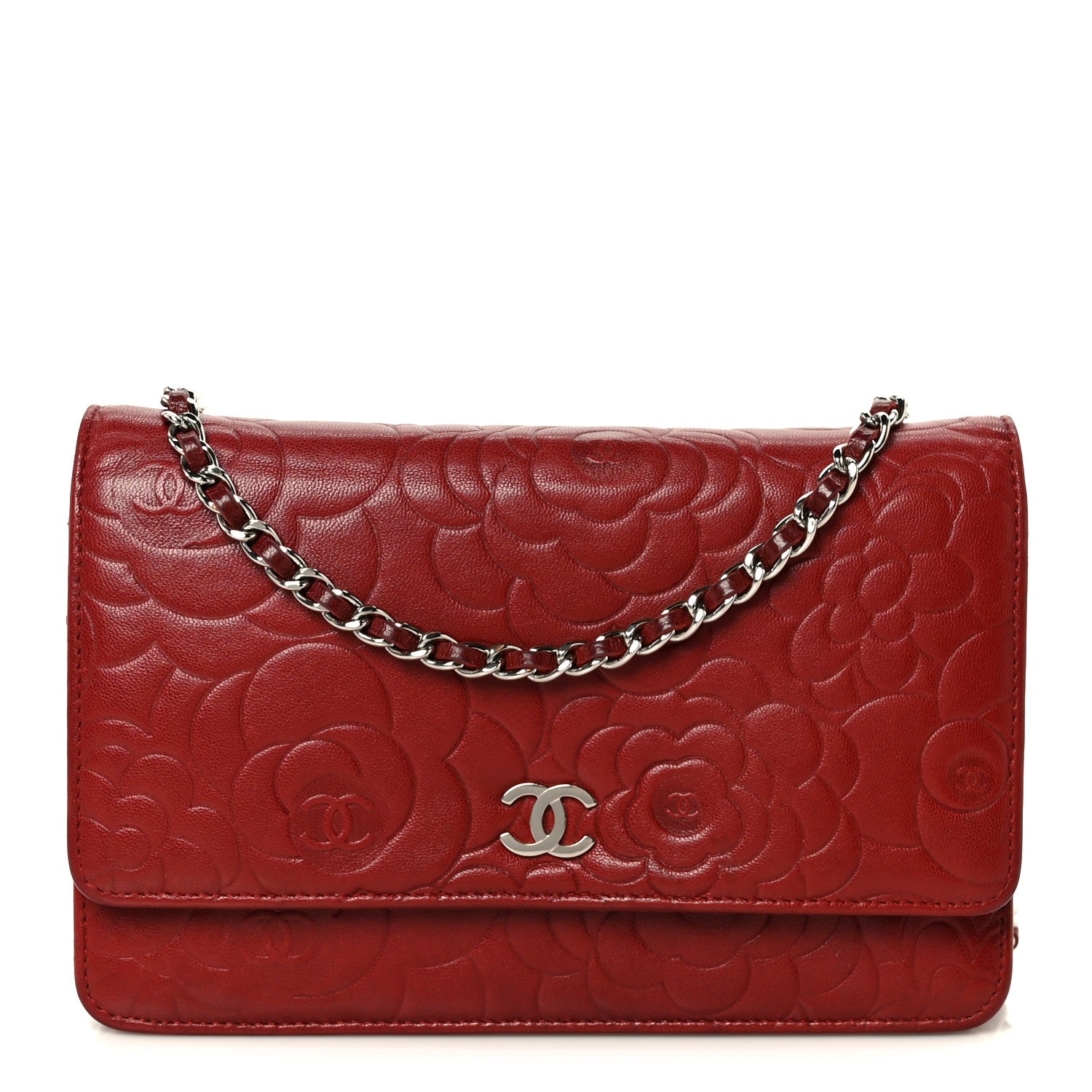 Lambskin Camellia Embossed Wallet on Chain WOC Red