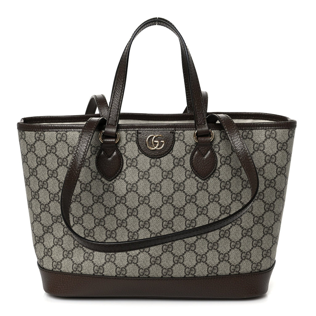 GG Supreme Monogram Textured Calfskin Small Ophidia Shoulder Tote Bag Beige Ebony New Acero