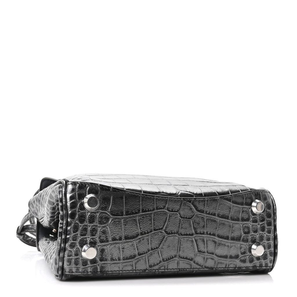 Metallized Calfskin Crocodile Embossed Mini Rodeo Top Handle Handbag Gunmetal