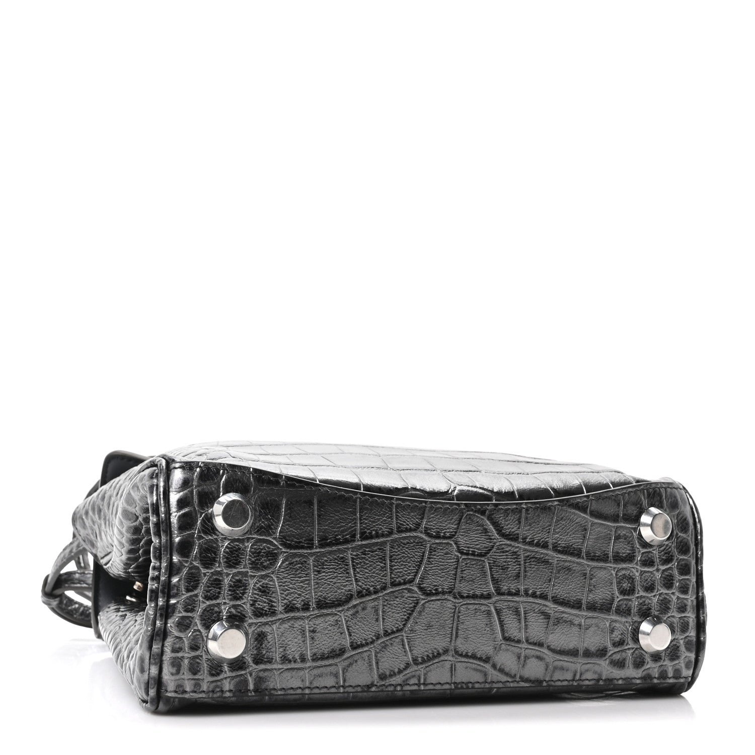 Metallized Calfskin Crocodile Embossed Mini Rodeo Top Handle Handbag Gunmetal
