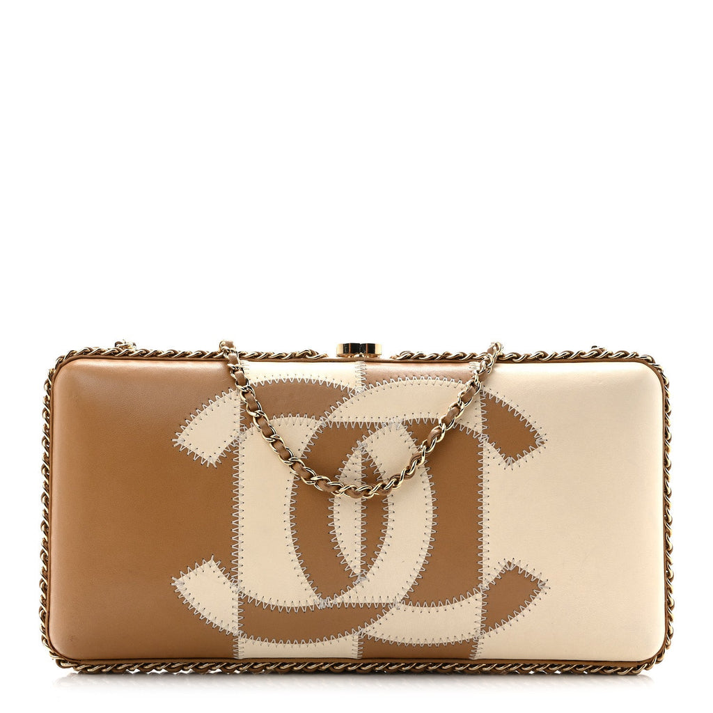 Lambskin CC Stitch Chain Around Clutch  Beige White