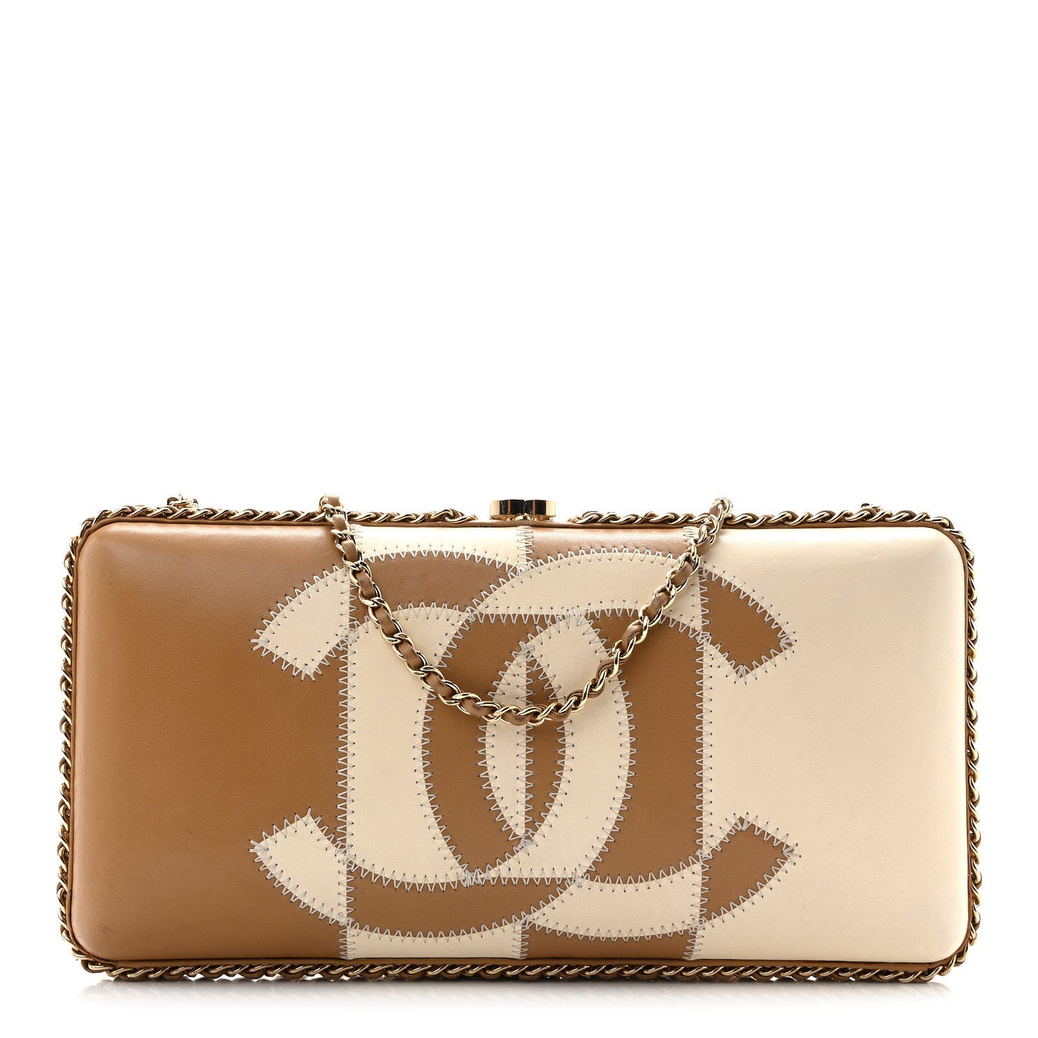 Lambskin CC Stitch Chain Around Clutch  Beige White