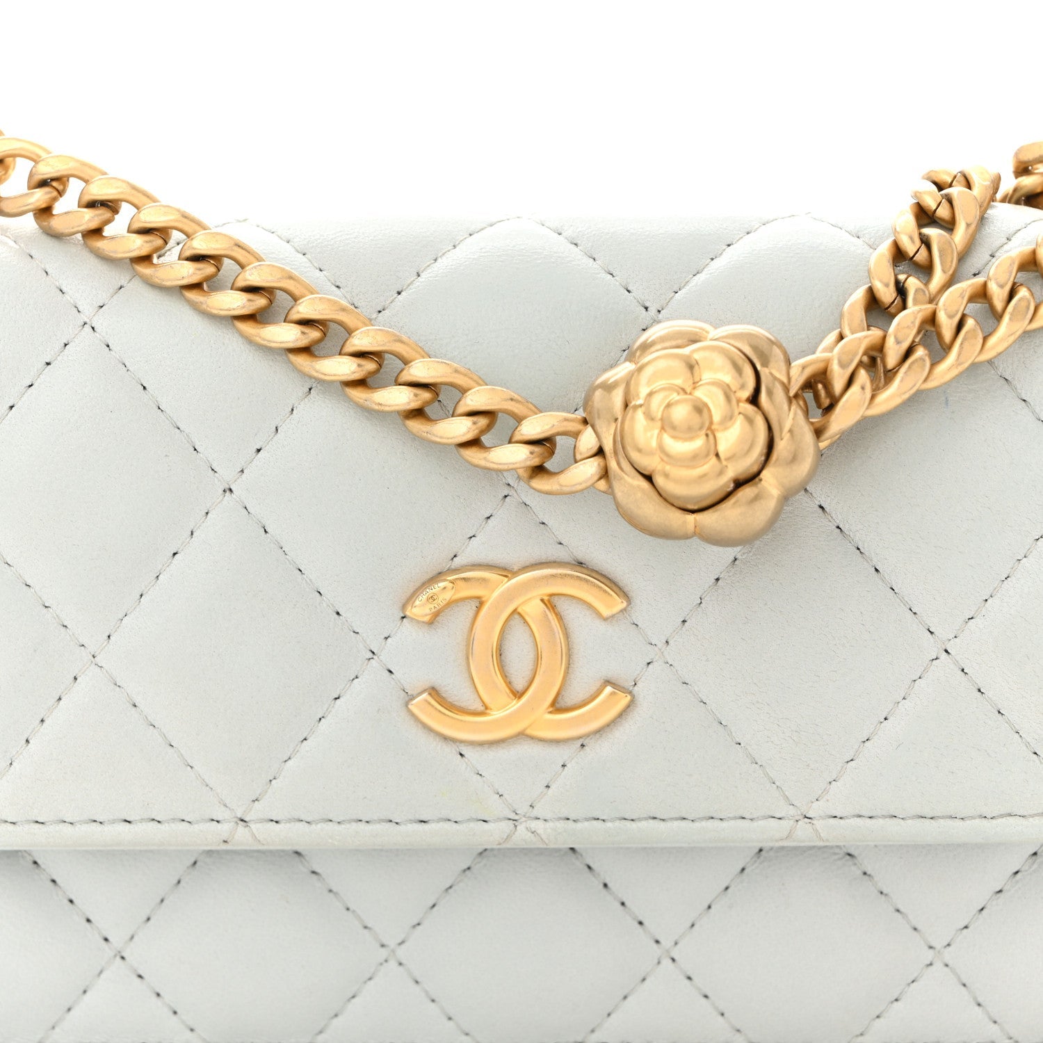 Lambskin Quilted Sweet Camellia Flap Phone Holder With Chain Light Blue