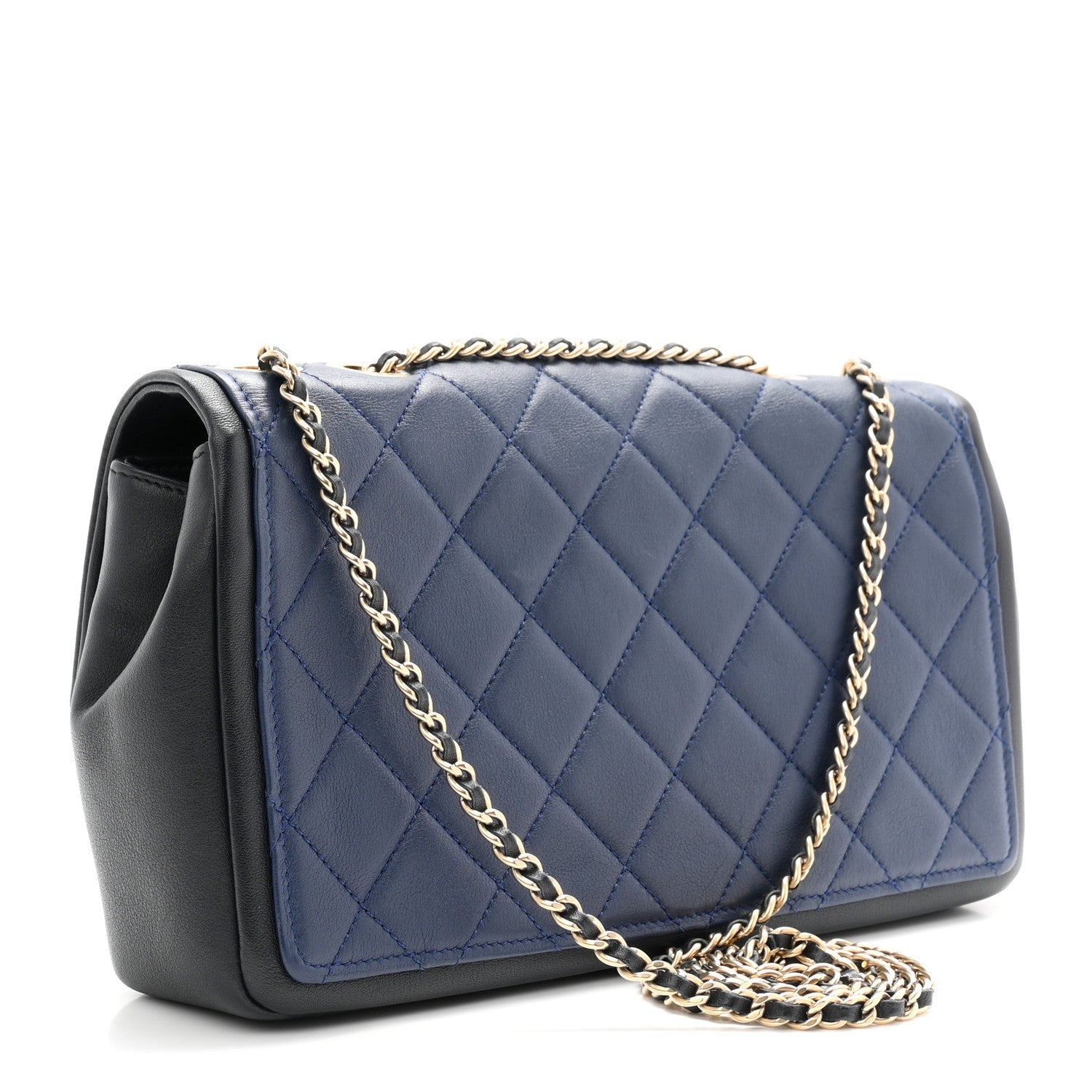 Lambskin Quilted Medium Graphic Flap Navy Black