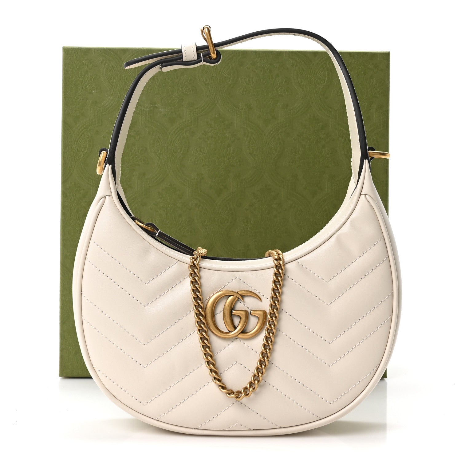 Calfskin Matelasse Chevron Mini GG Marmont Half Moon Hobo Mystic White