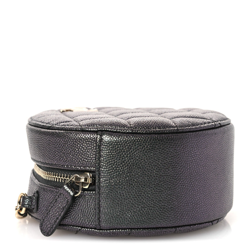 Iridescent Caviar Quilted Round Clutch With Chain Black