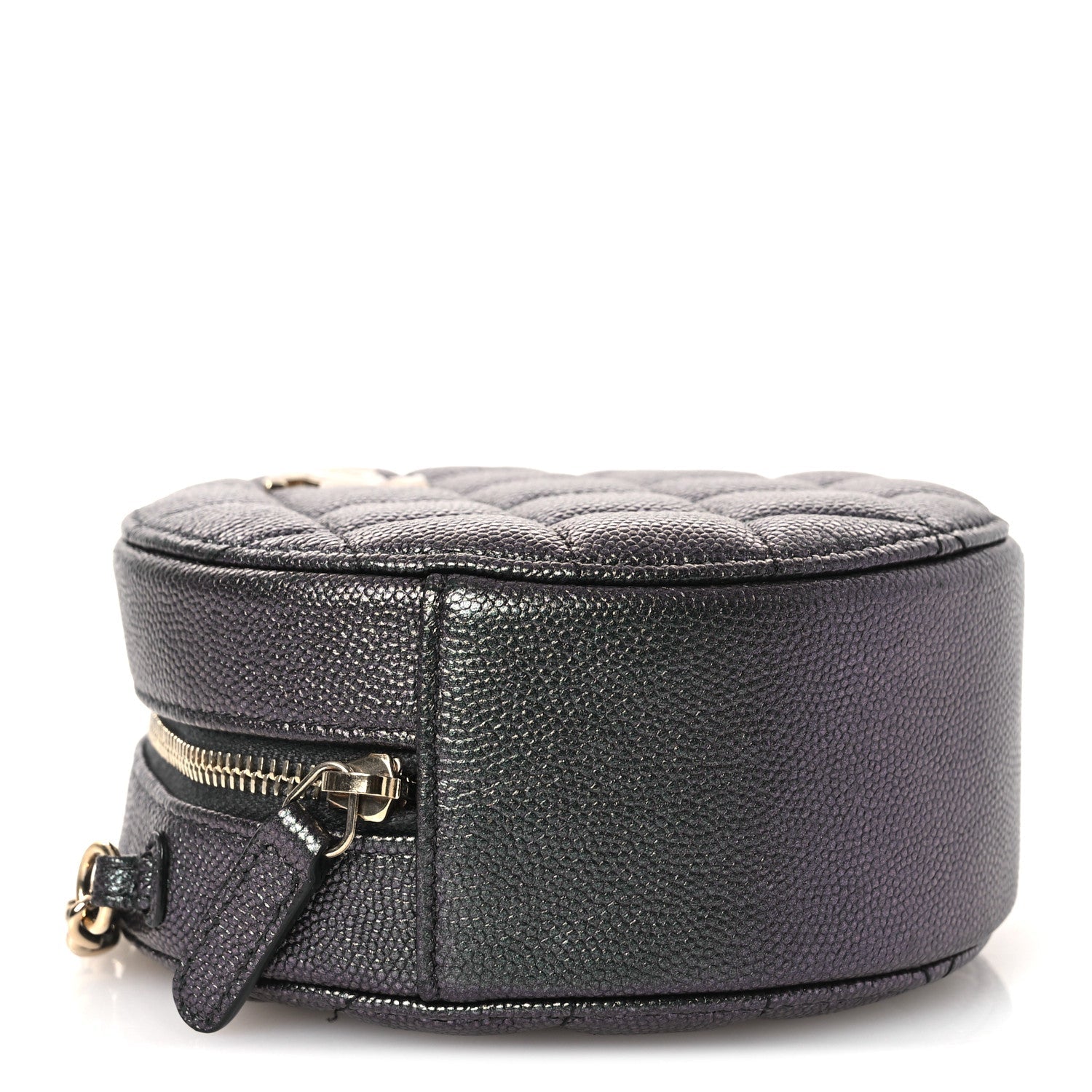 Iridescent Caviar Quilted Round Clutch With Chain Black