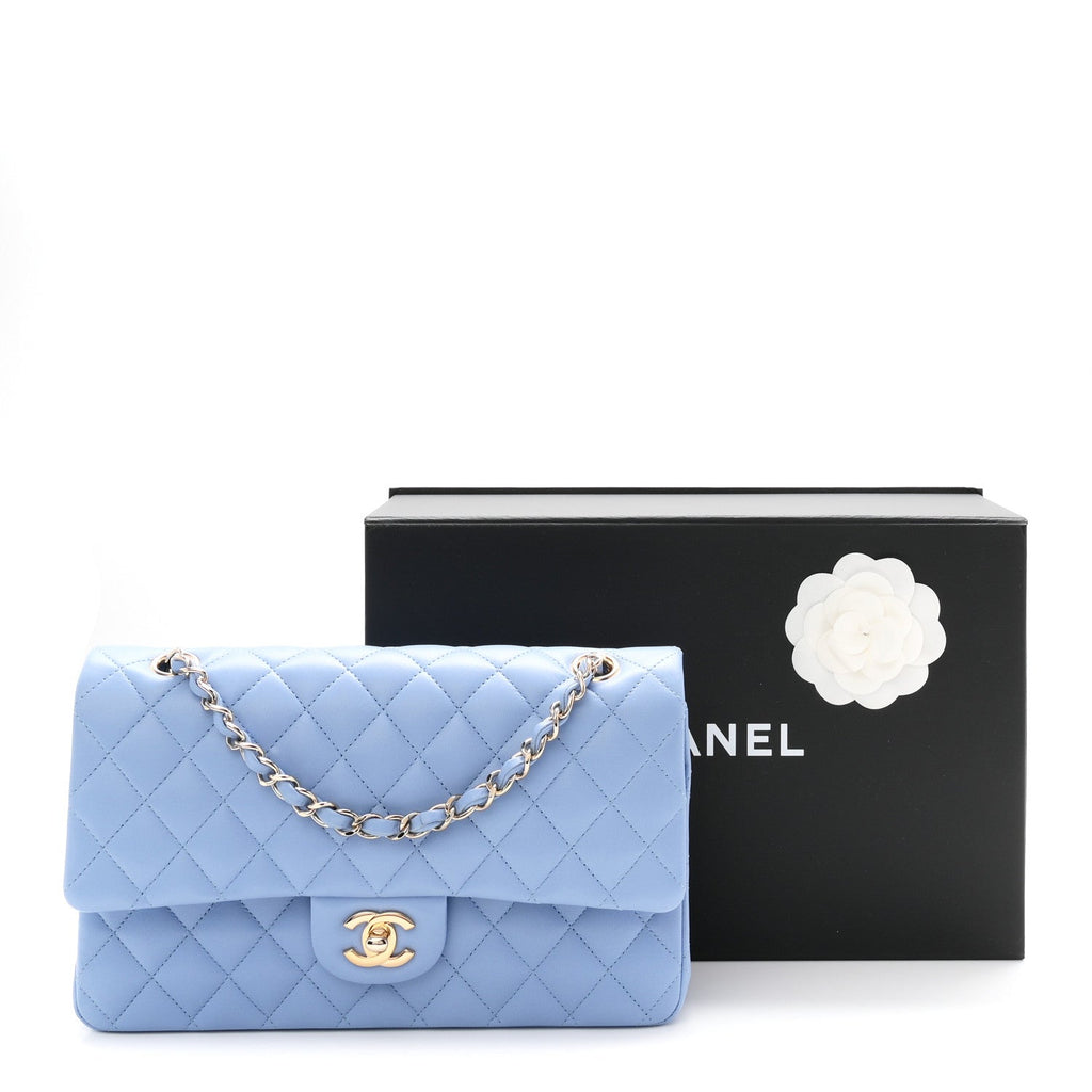 Lambskin Quilted Medium Double Flap Light Blue