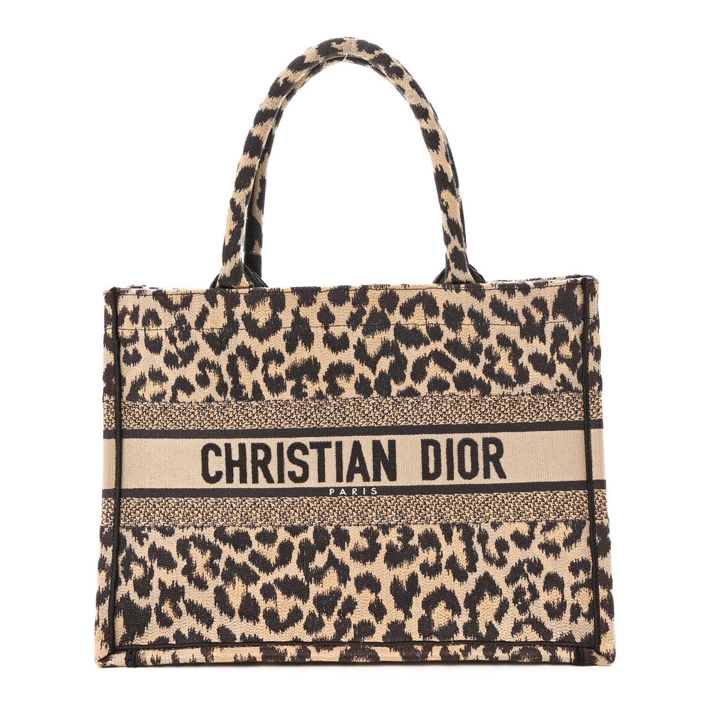 Canvas Mizza Embroidered Medium Leopard Book Tote Beige