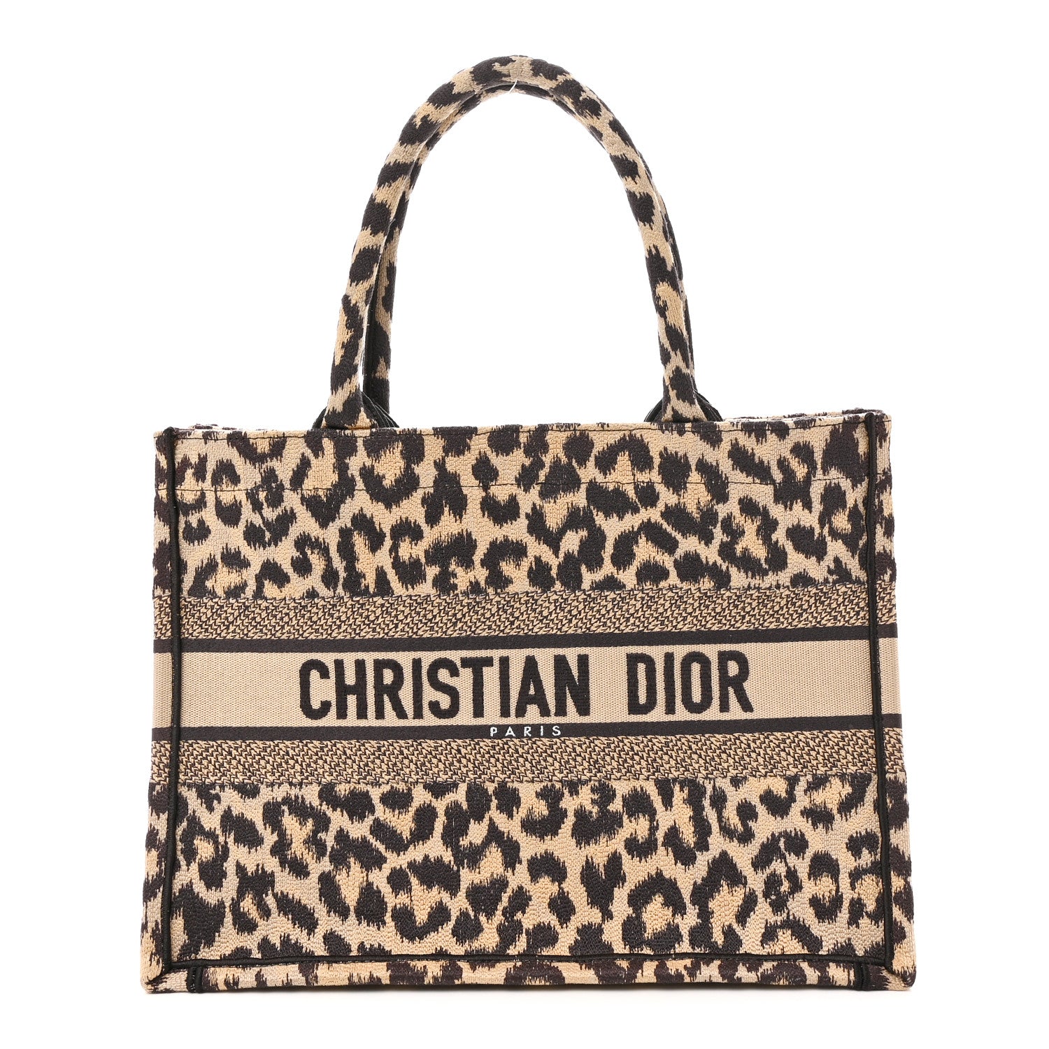 Canvas Mizza Embroidered Medium Leopard Book Tote Beige