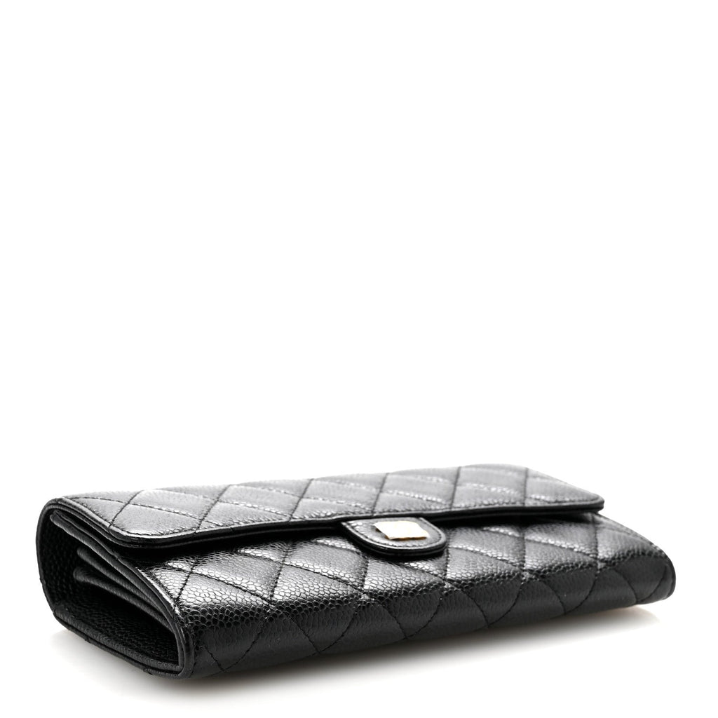 Caviar Quilted Large Gusset Flap Wallet Black