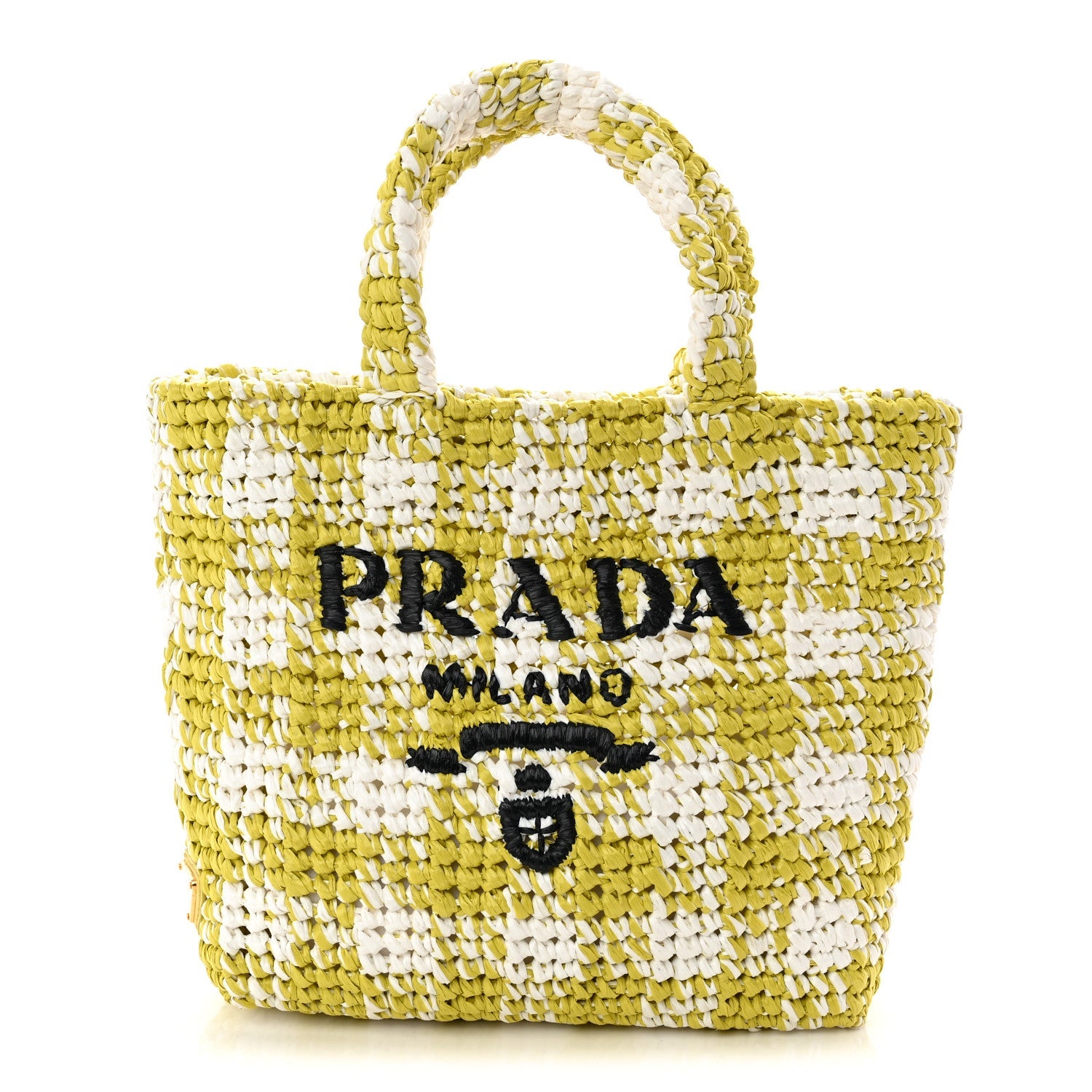 Yarn Raffia Effect Crochet Embroidered Small Logo Tote Citron Yellow