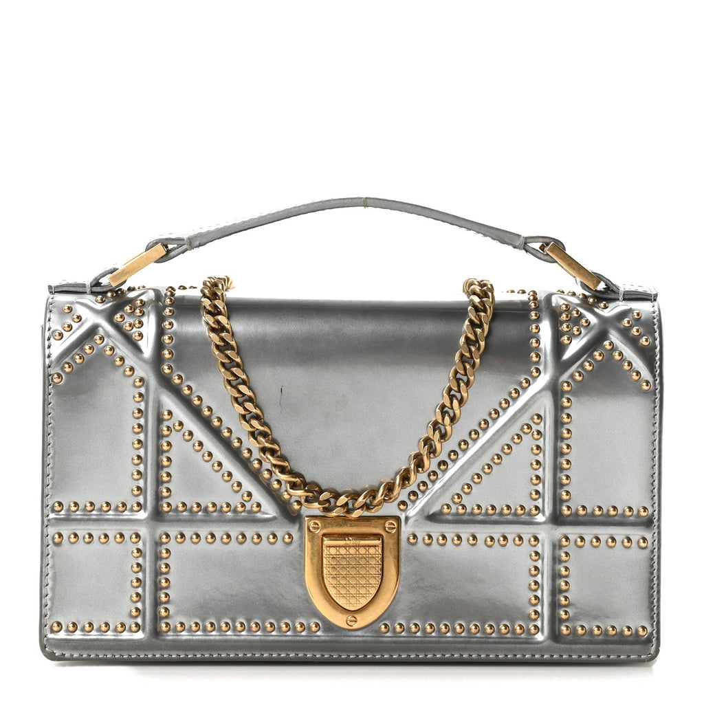 Metallic Patent Studded Diorama Top Handle Wallet on Chain Pouch Silver