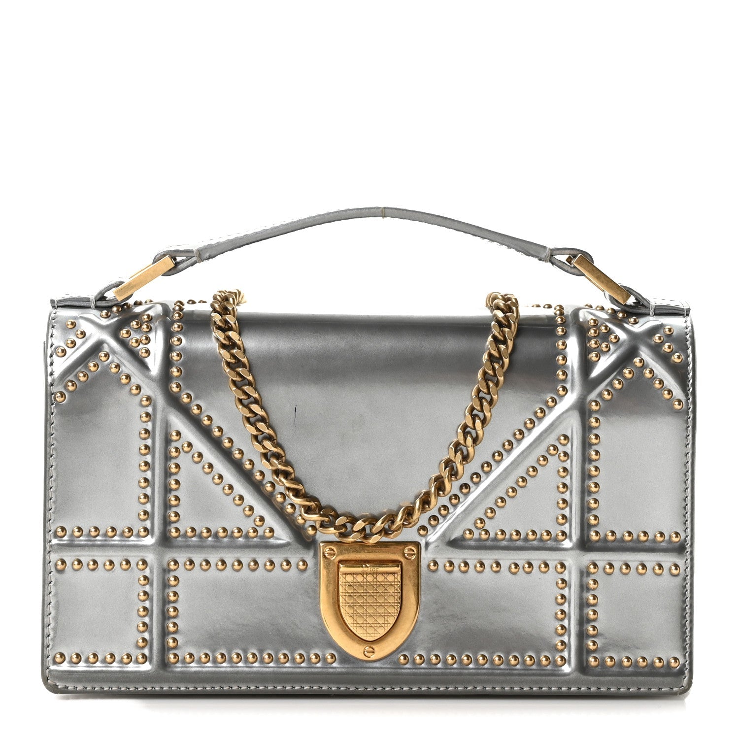 Metallic Patent Studded Diorama Top Handle Wallet on Chain Pouch Silver