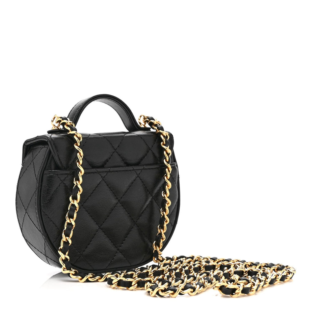 Shiny Aged Calfskin Quilted Mini Top Handle Clutch With Chain Black