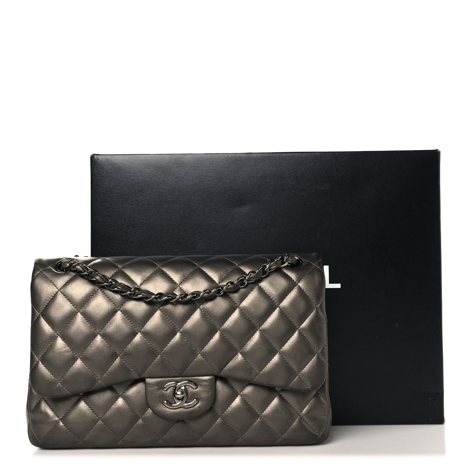 Metallic Lambskin Quilted Jumbo Double Flap Pewter