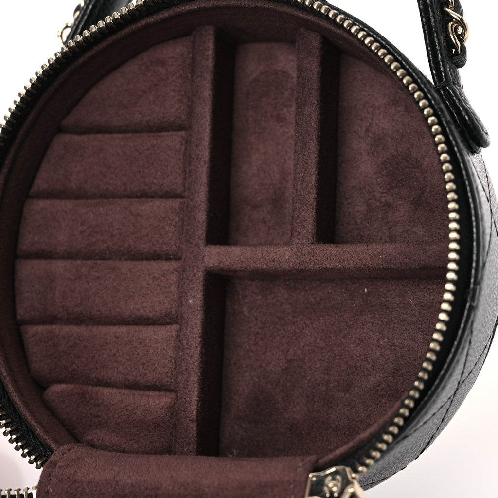 Caviar Quilted Round Top Handle Jewelry Case With Chain Black