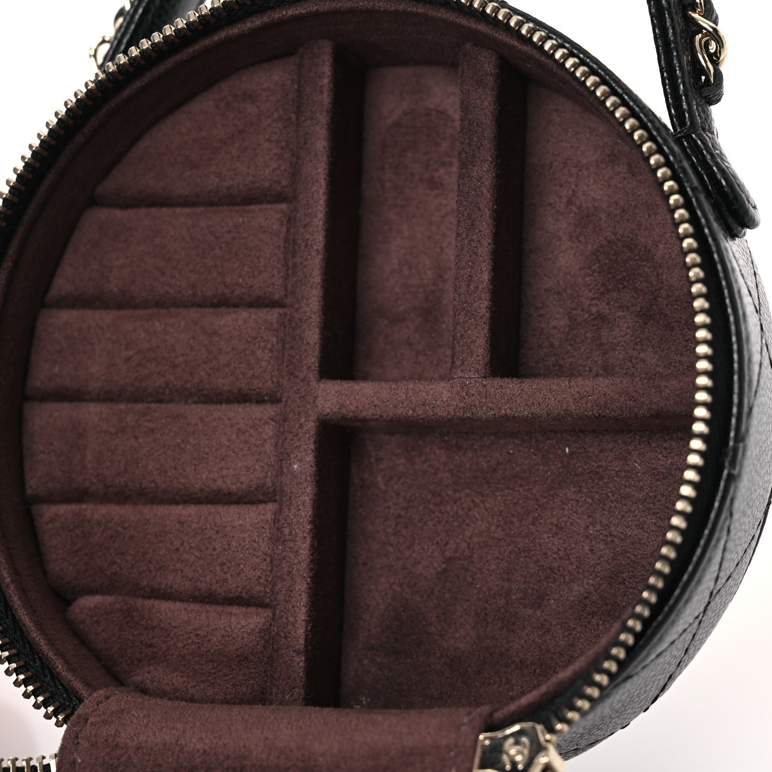 Caviar Quilted Round Top Handle Jewelry Case With Chain Black