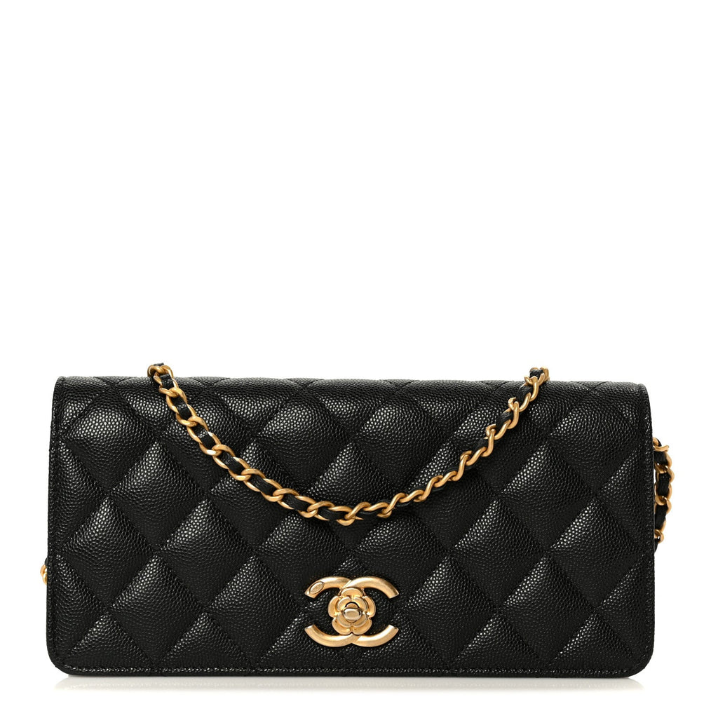 Caviar Quilted Camellia Clutch With Chain Black