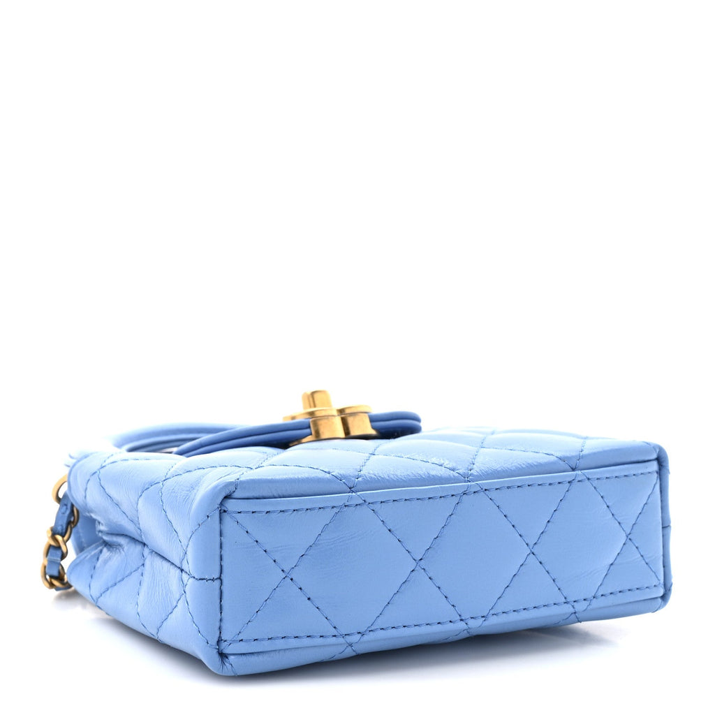 Shiny Aged Calfskin Quilted Mini Nano Kelly Shopper Blue
