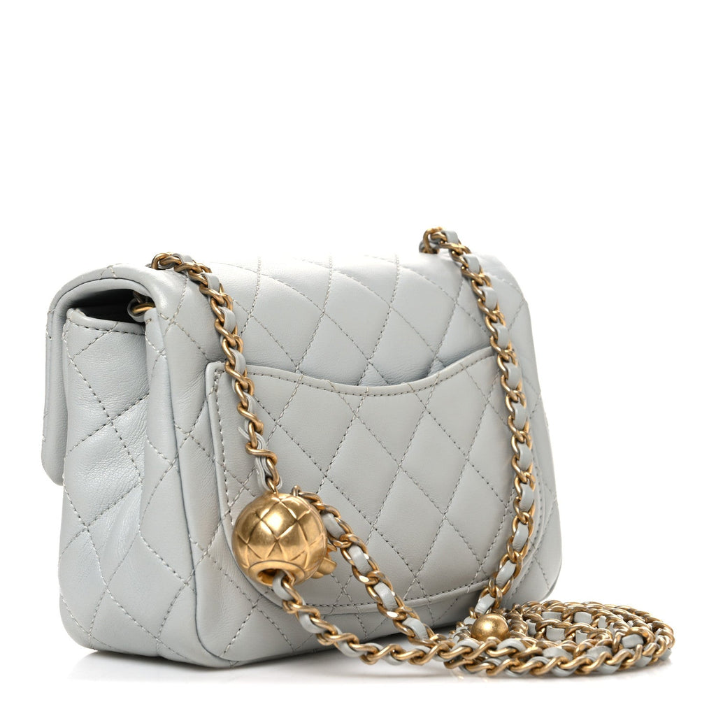 Lambskin Quilted Mini Pearl Crush Flap Light Grey