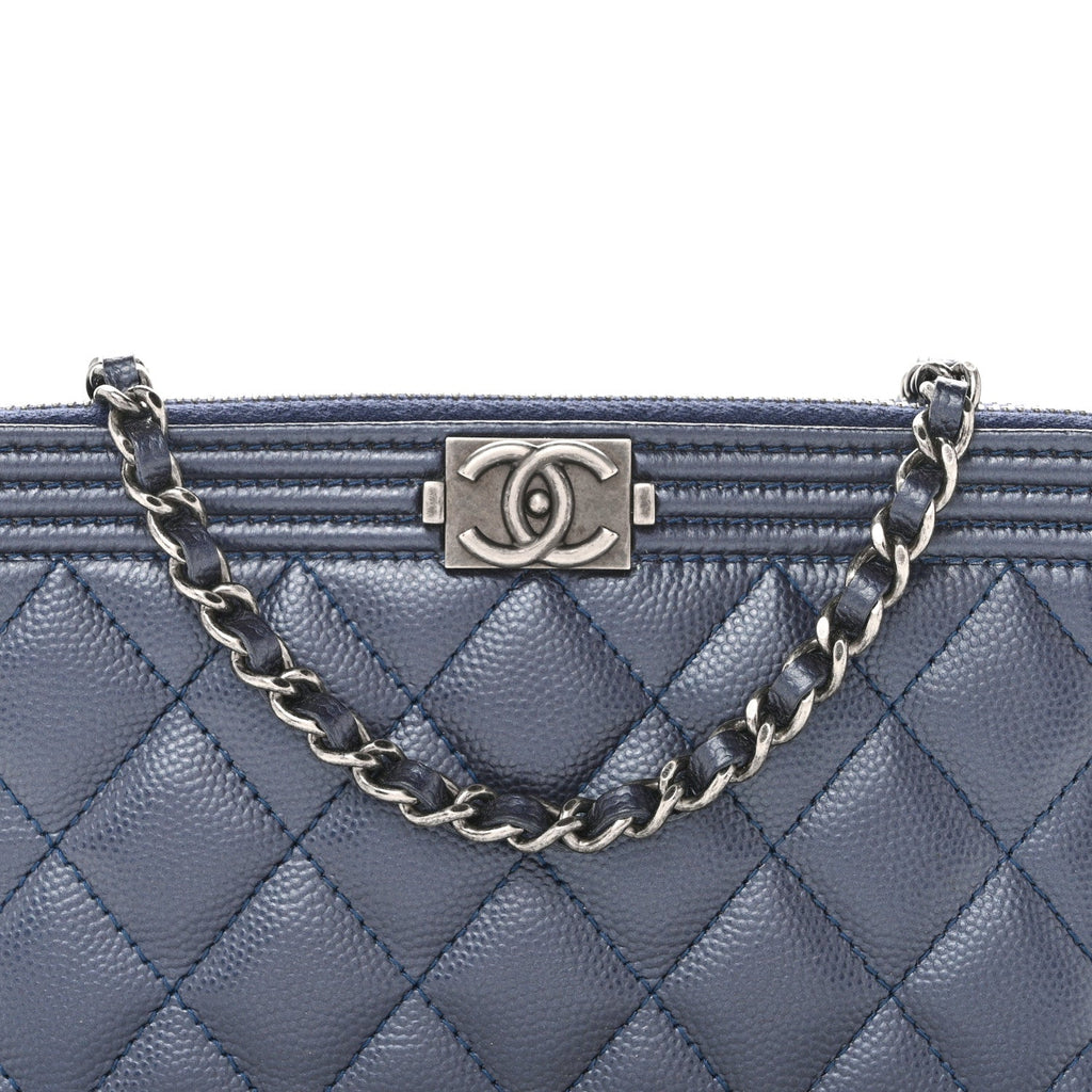 Metallic Caviar Quilted Small Boy Clutch With Chain Navy