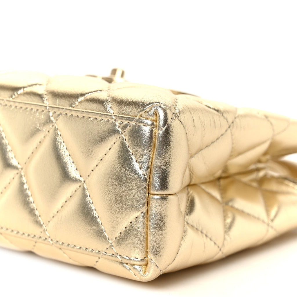 Metallic Shiny Aged Calfskin Quilted Nano Kelly Shopper Gold