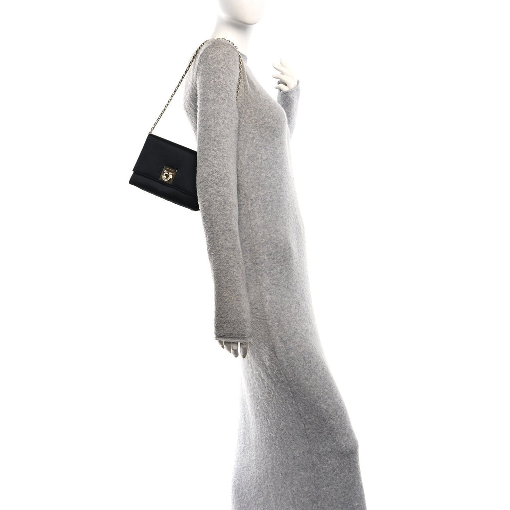 Satin Crystal Gancini Chain Flap Bag Black