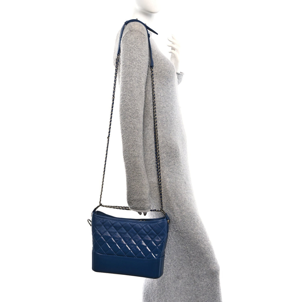 Patent Goatskin Quilted Medium Gabrielle Hobo Blue