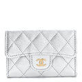 Metallic Caviar Quilted Flap Card Holder Wallet Silvery