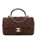Lambskin Quilted Mini Top Handle Rectangular Flap Dark Brown