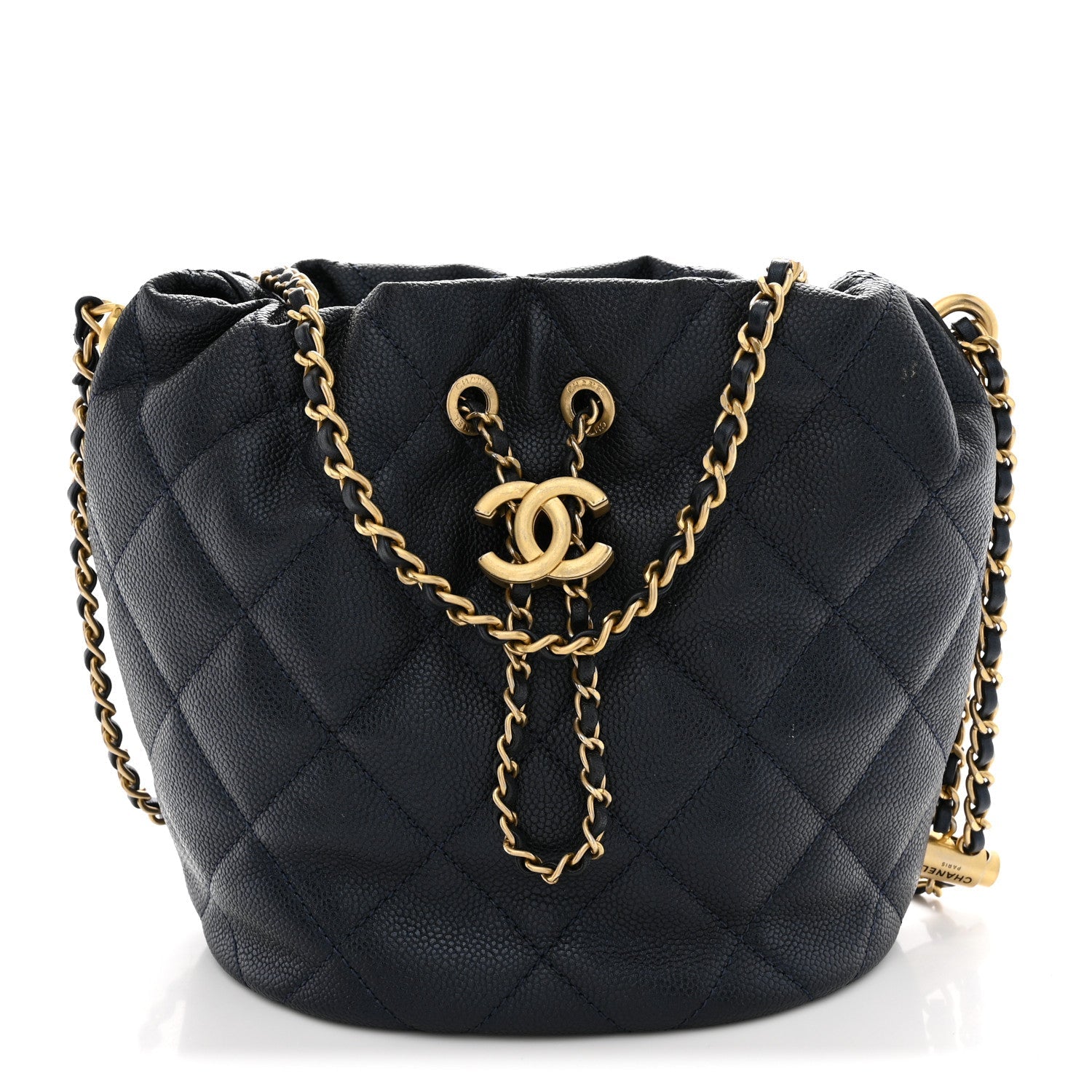 Iridescent Caviar Quilted My Perfect CC Bucket Drawstring Bag Blue