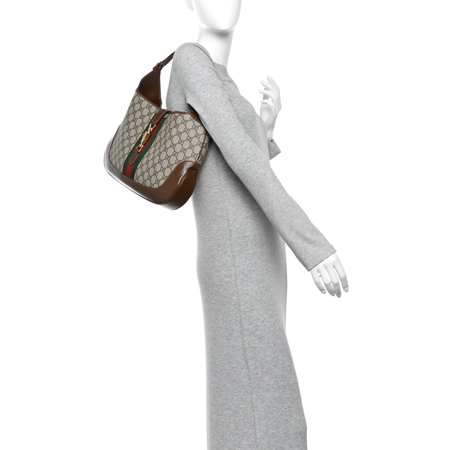 GG Supreme Monogram Azalea Calfskin Web Medium Jackie 1961 Hobo Beige Ebony Brown Sugar