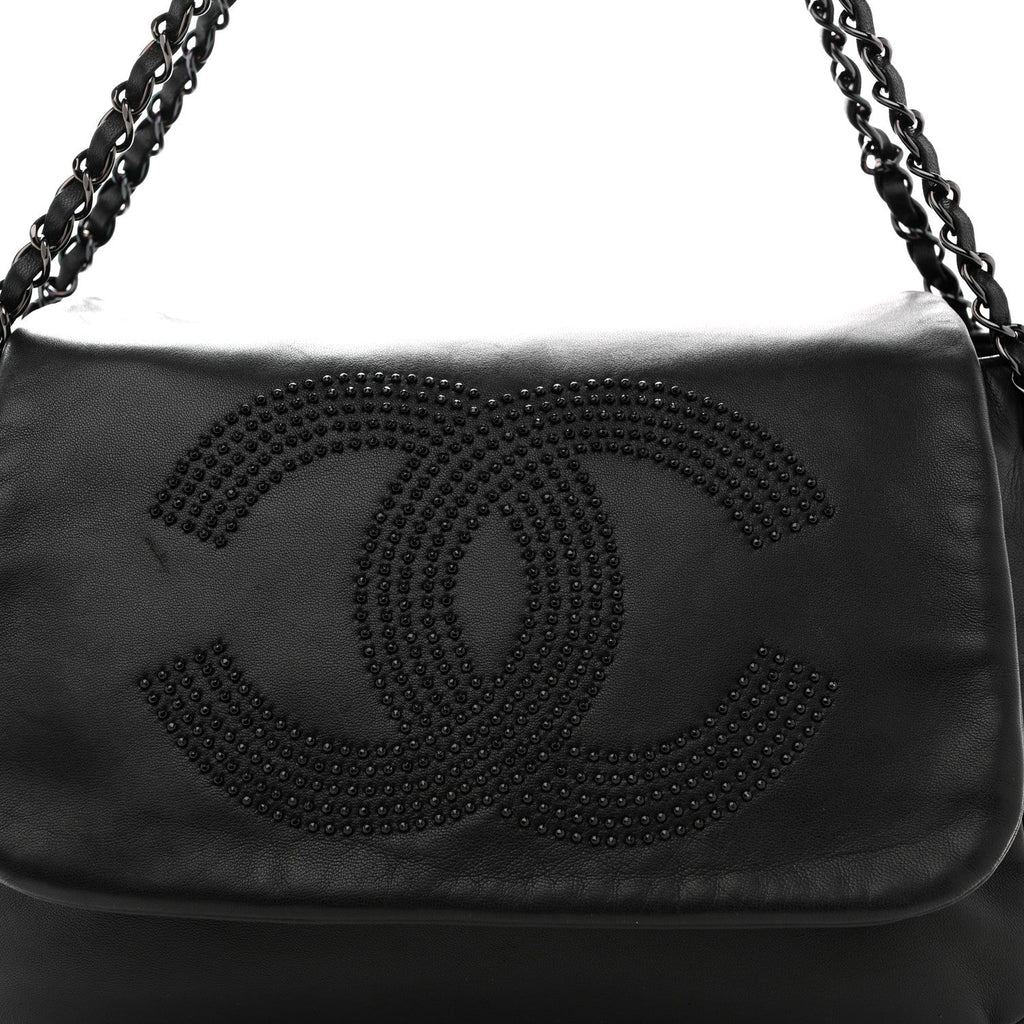 Lambskin Studded Accordion CC Flap Black