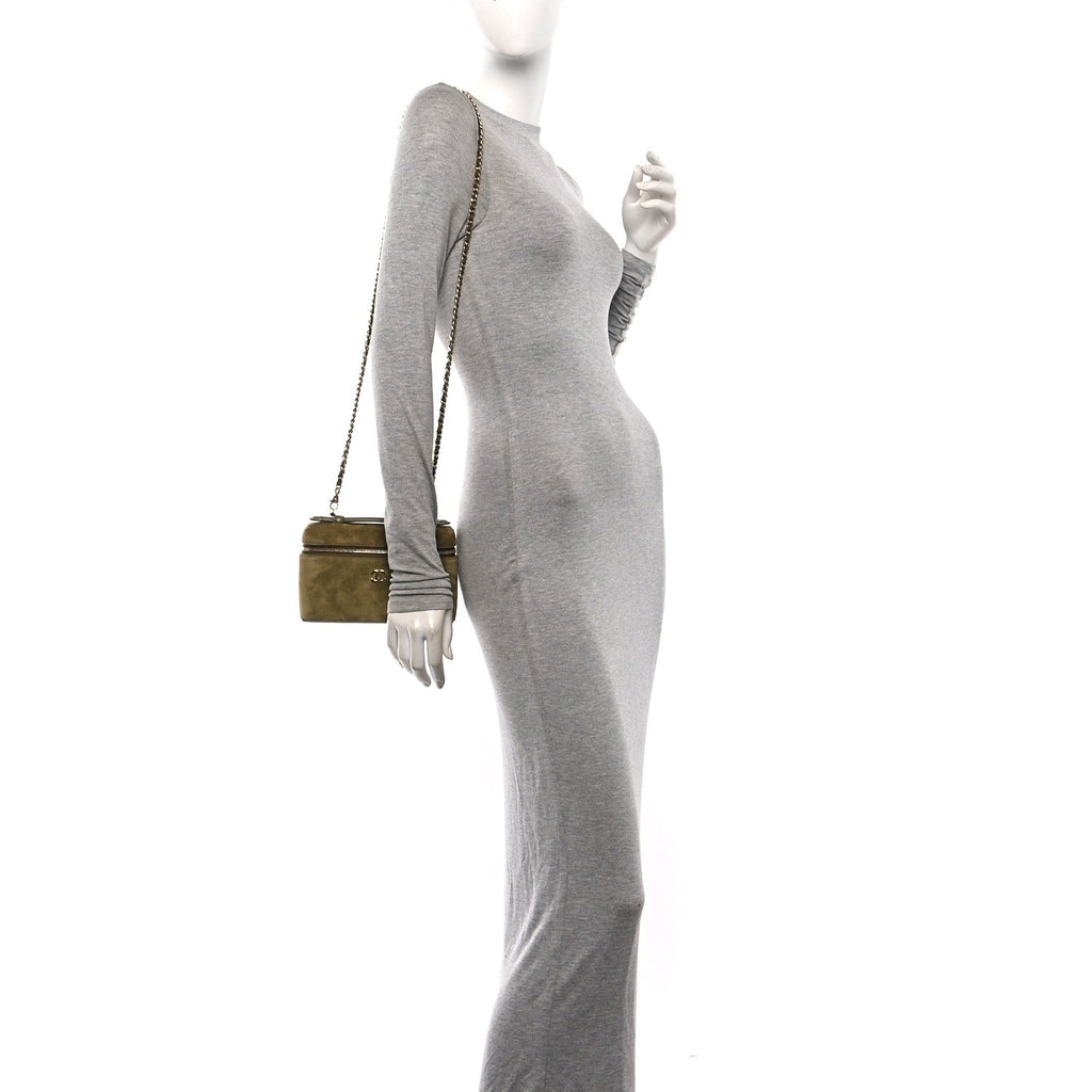 Suede Calfskin Top Handle Slim Vanity Case With Chain Dark Khaki