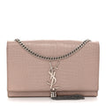 Calfskin Crocodile Embossed Medium Classic Monogram Kate Tassel Satchel Powder Pink