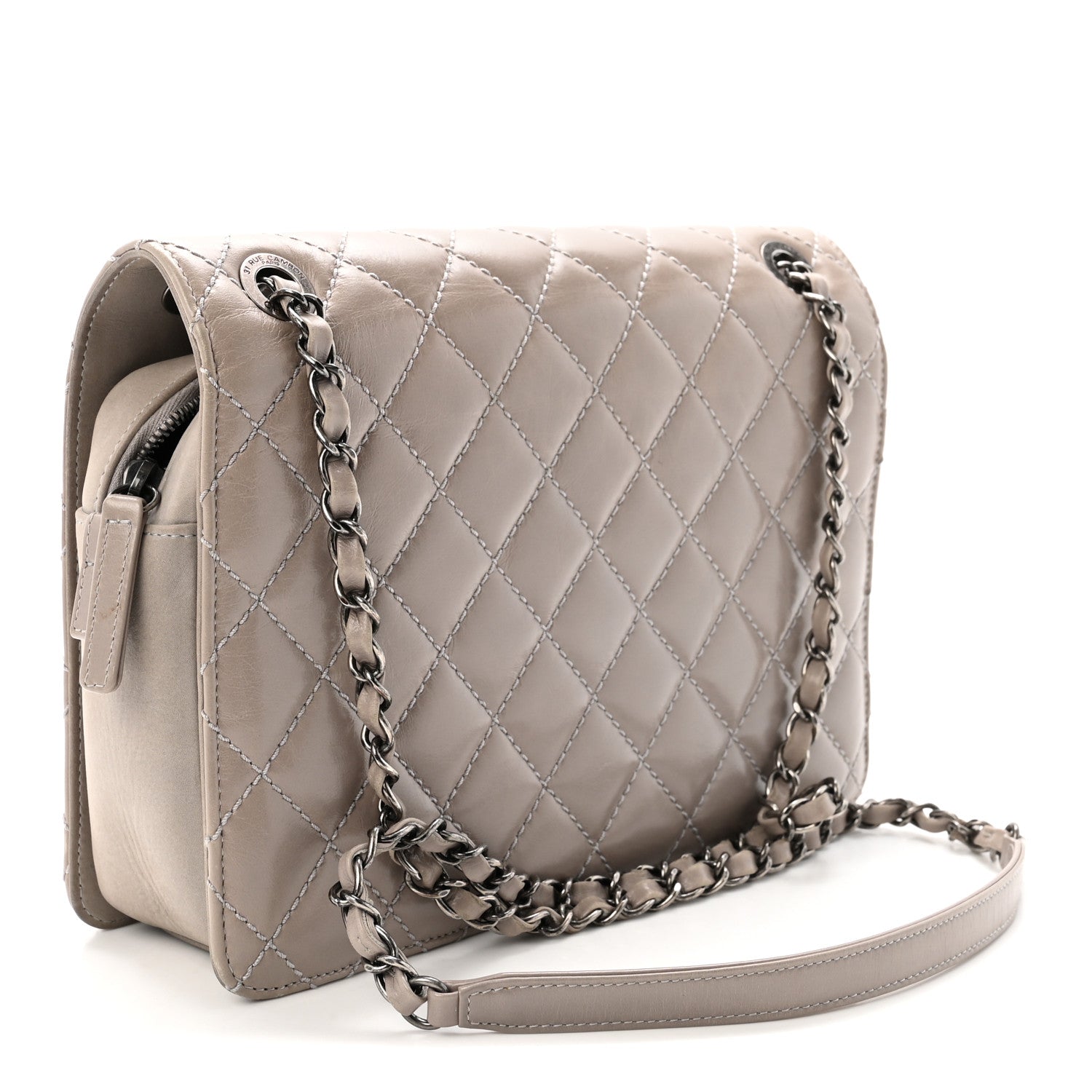 Glazed Calfskin Quilted Medium Day Trip Flap Grey
