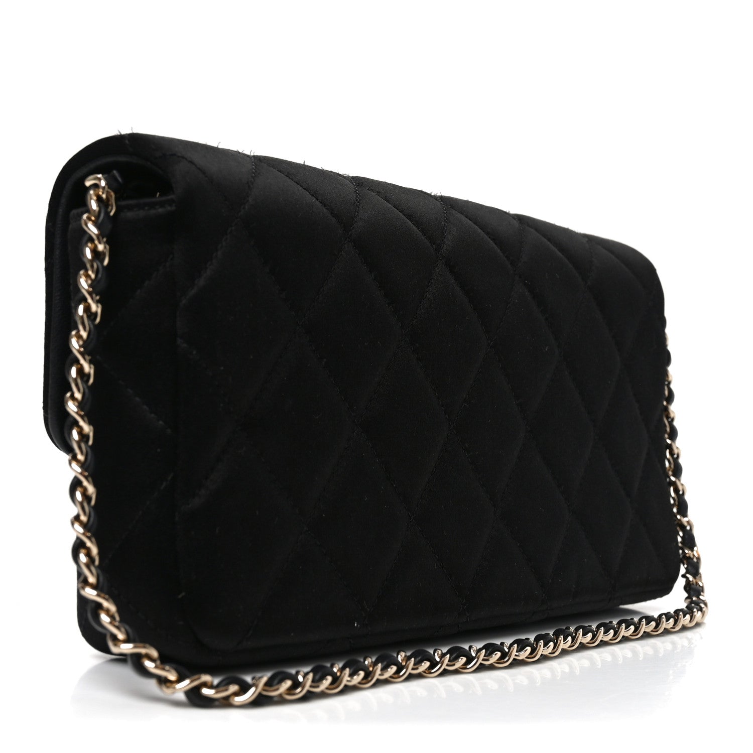 Satin Quilted Pearl CC Flap Clutch Black