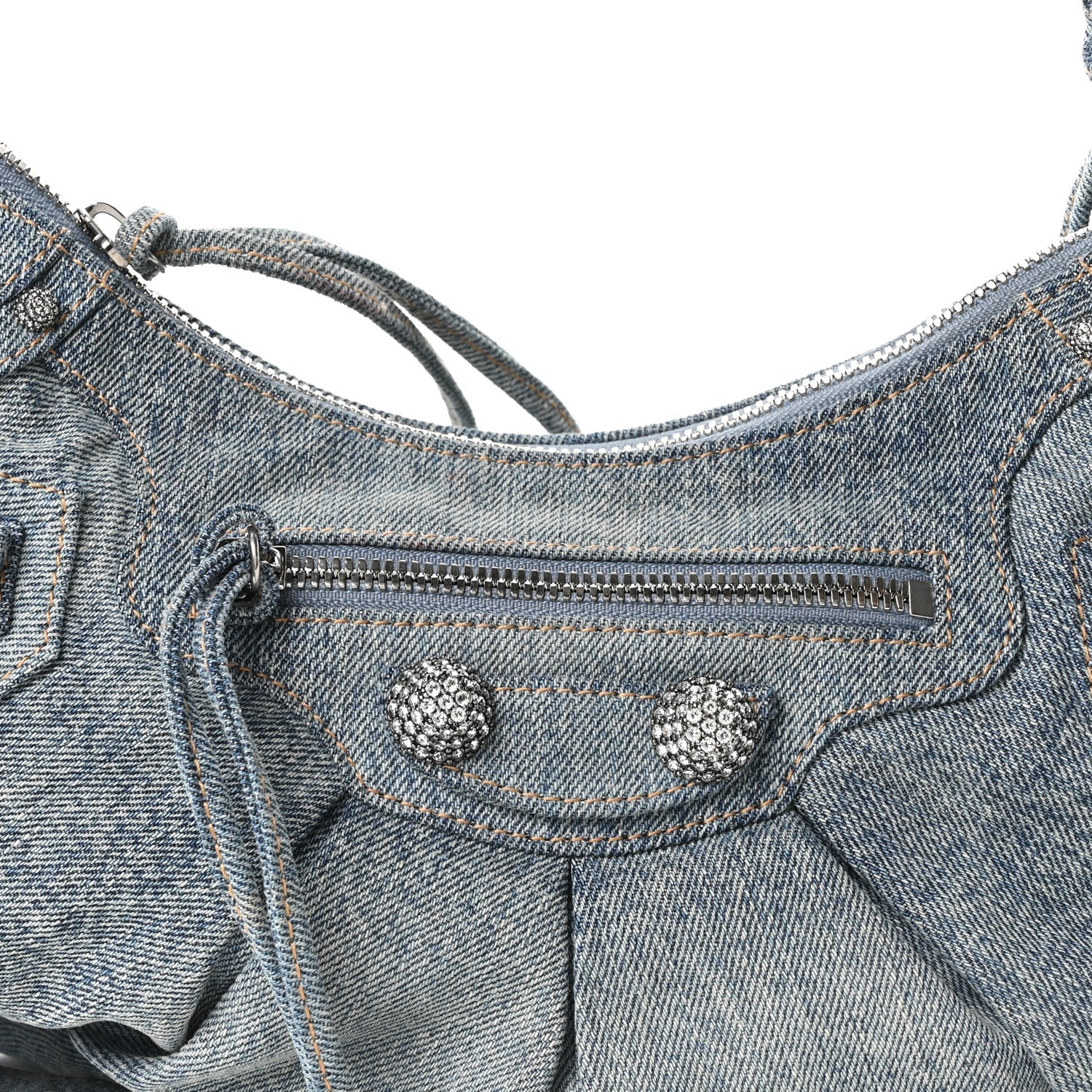 Washed Frayed Denim Crystal Small Le Cagole Shoulder Bag Blue