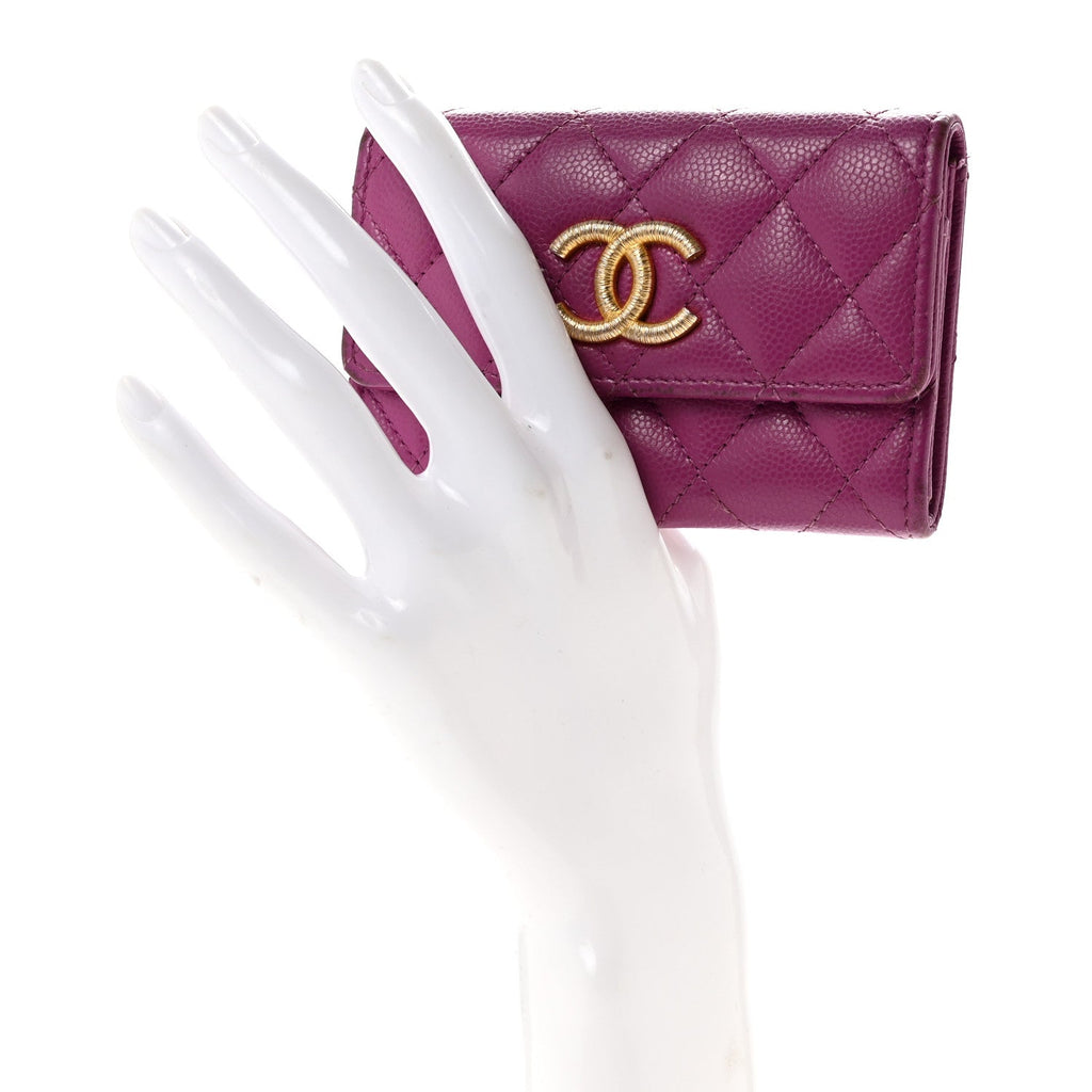 Caviar Quilted Textured CC Flap Card Holder Purple