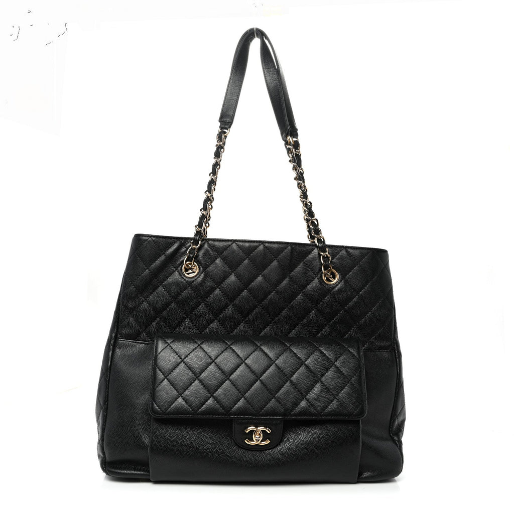 Caviar Quilted Large Flap Shopping Tote Black