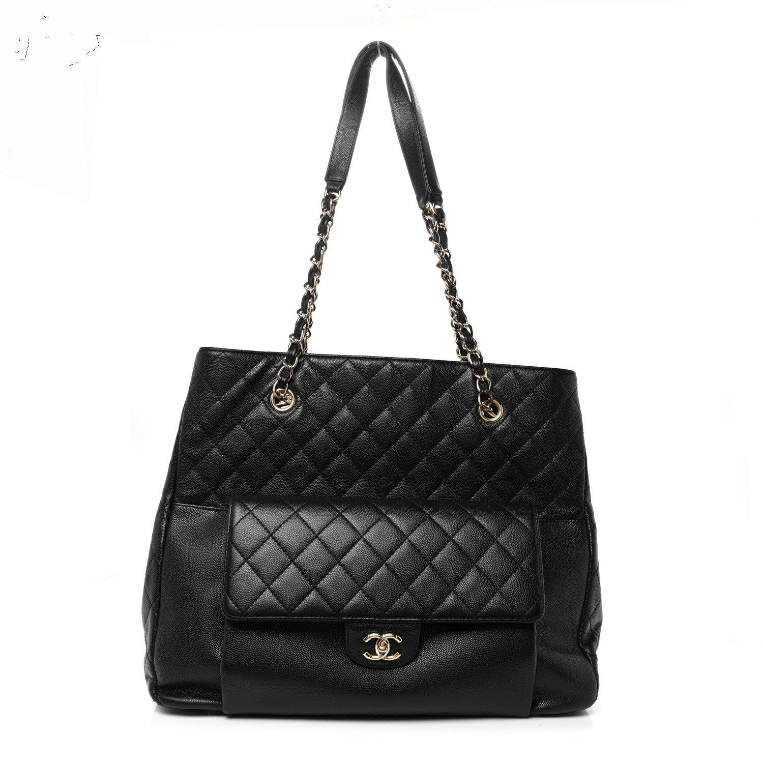Caviar Quilted Large Flap Shopping Tote Black