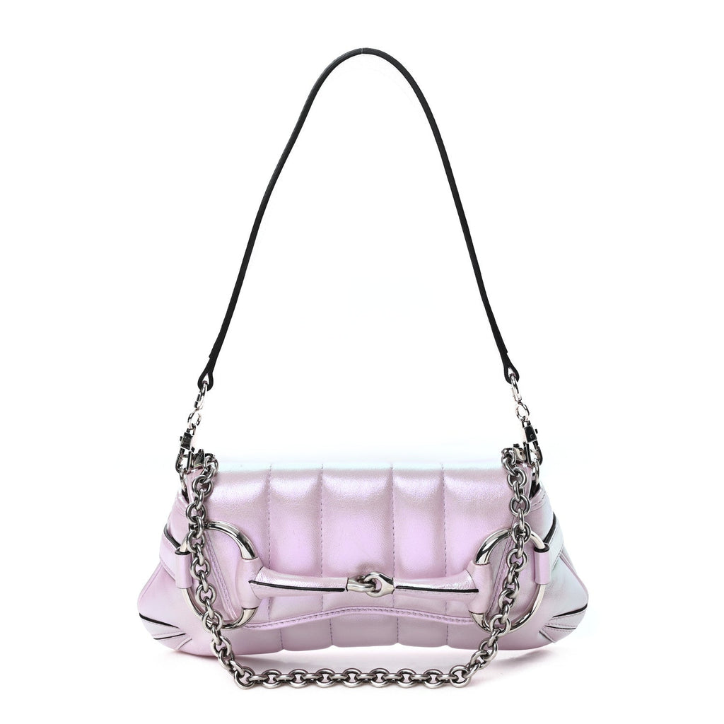 Iridescent Nappa Vertical Matelasse Small Maxi Horsebit Chain Shoulder Bag Escape Pink